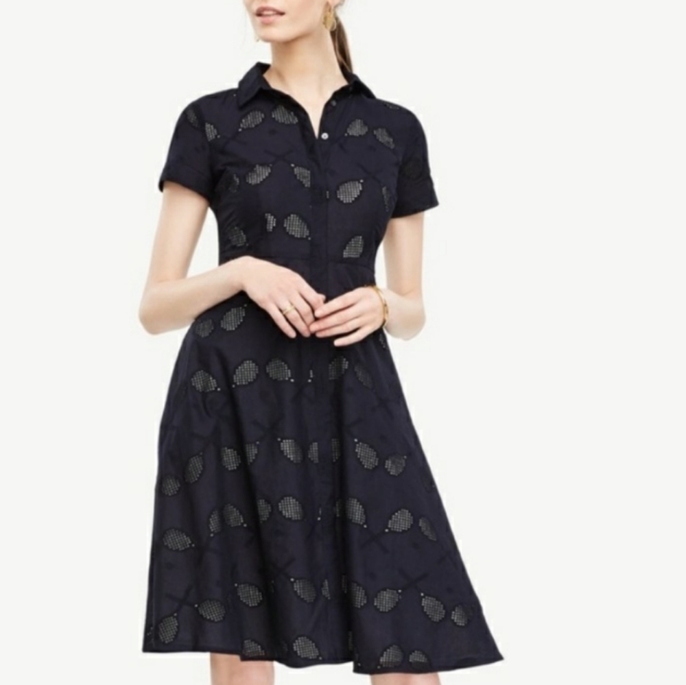 Ann Taylor Shirt Dress 0 Novelty Racket Cutout Retro 60's Cotton Eyelet A-Line